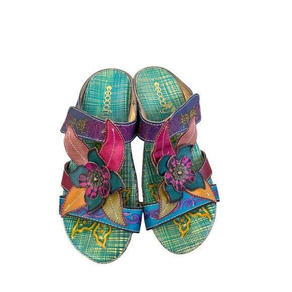 Socofy Women's Floral Leather Slingback Sandals Multicolor Size 8 - Picture 1 of 5